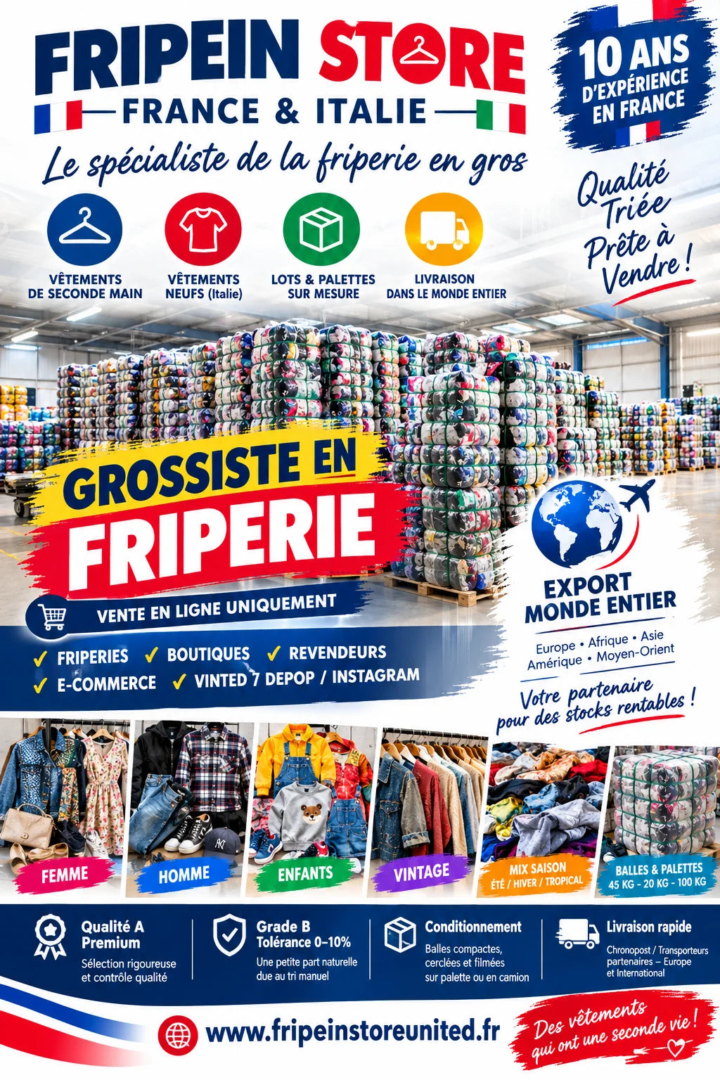 Affiche promotionnelle française présentant un fournisseur de vêtements et textiles en gros, avec un entrepôt rempli de stocks textiles et de vêtements.
