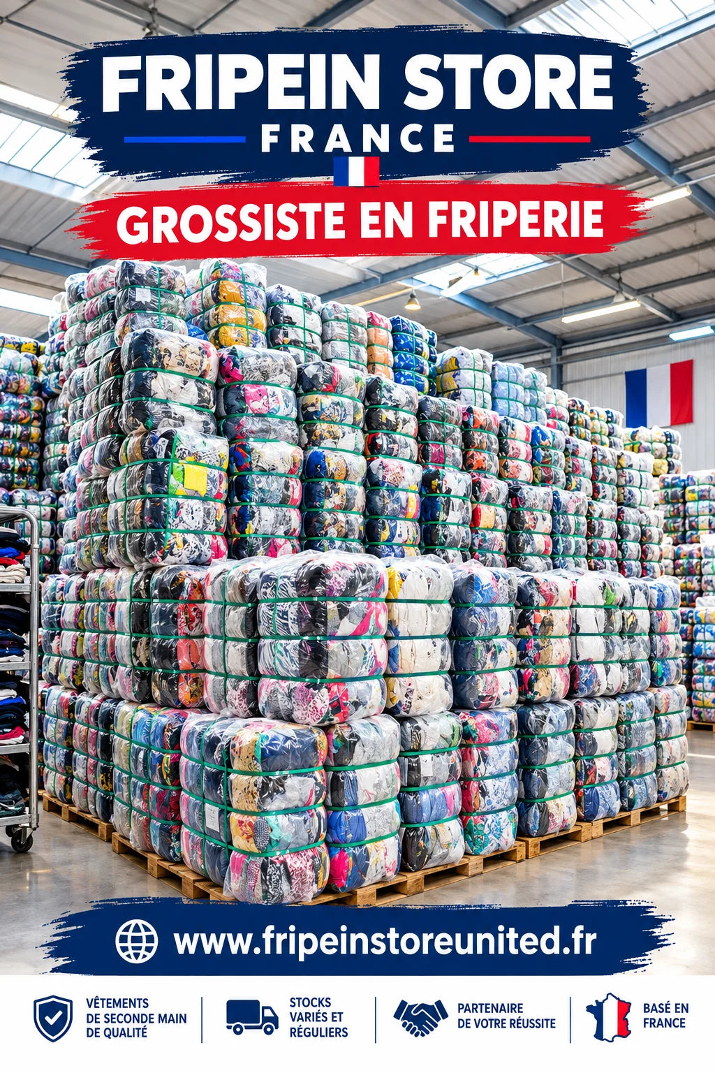 Balles de textiles compressés et emballées, empilées dans un entrepôt
