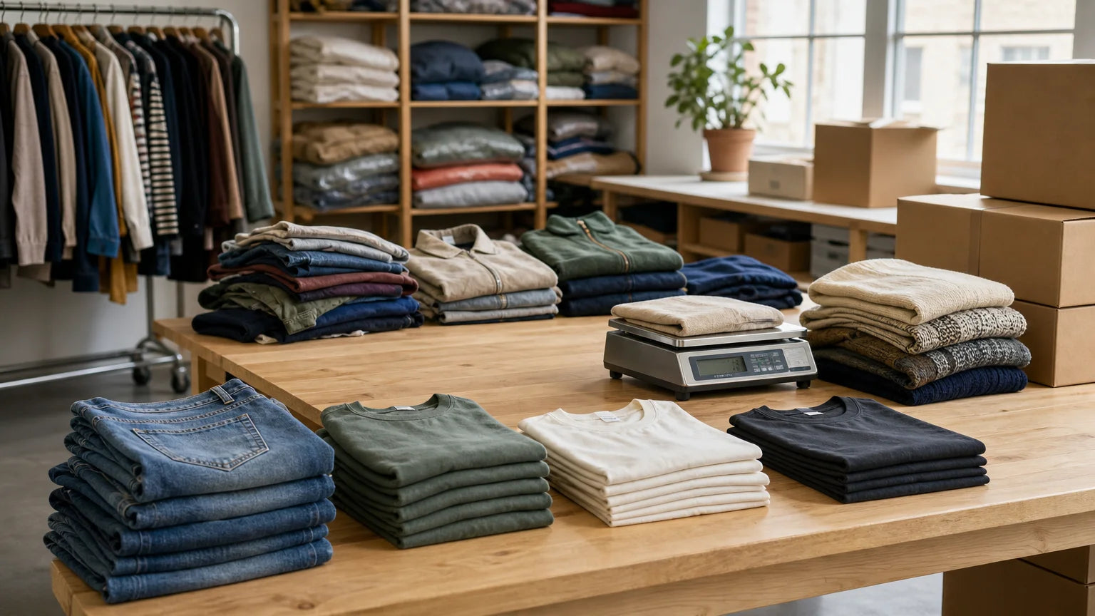 Lots de vêtements de seconde main pesés sur une balance dans un atelier textile