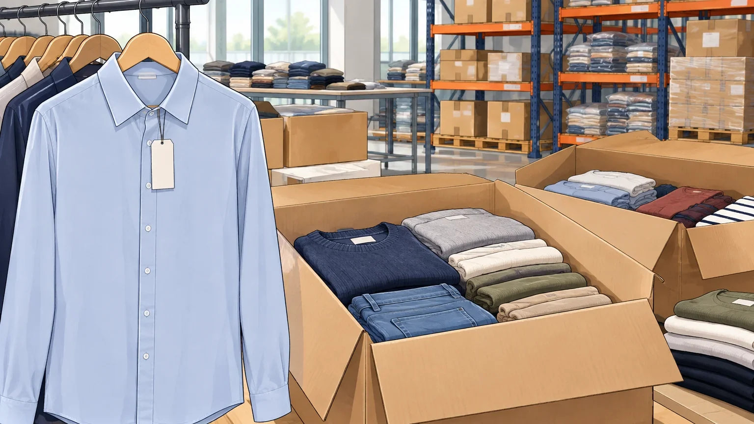 Vêtements neufs pliés dans des cartons et présentés sur un portant dans un entrepôt.