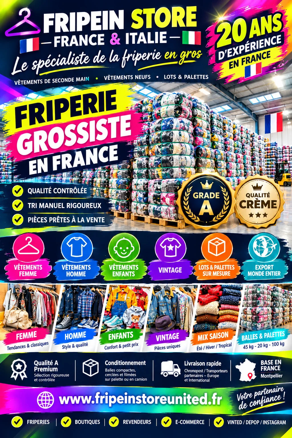 Publicité française pour un grossiste textile montrant des balles de vêtements compressés, des portants et des catégories de vêtements.