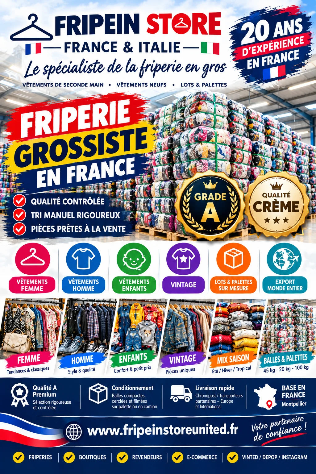 Affiche promotionnelle en français pour un magasin de vêtements de seconde main en gros, avec balles compressées, portants, icônes de catégories et badges de qualité
