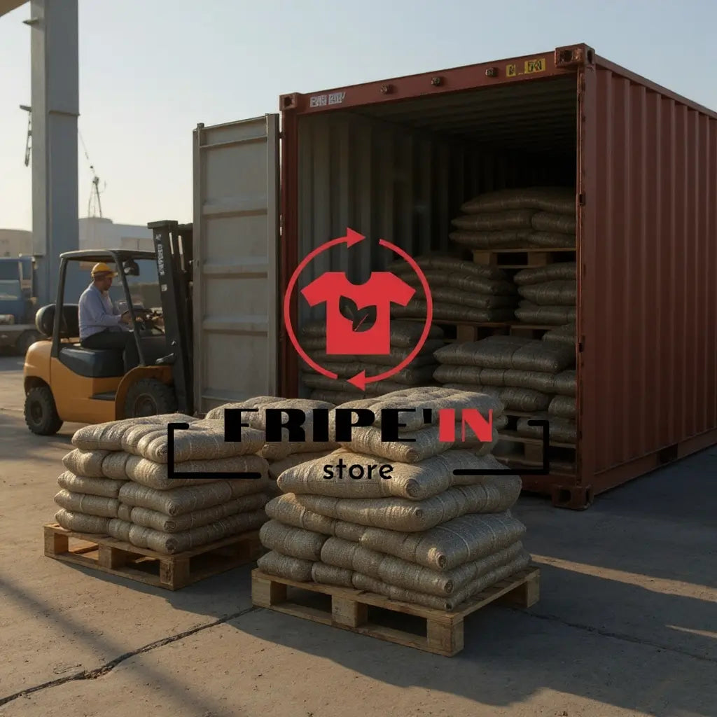 Logo “FRIPIN store” sur une image montrant des sacs enroulés empilés sur des palettes près d’un conteneur maritime ouvert, avec un chariot élévateur à l’arrière.
