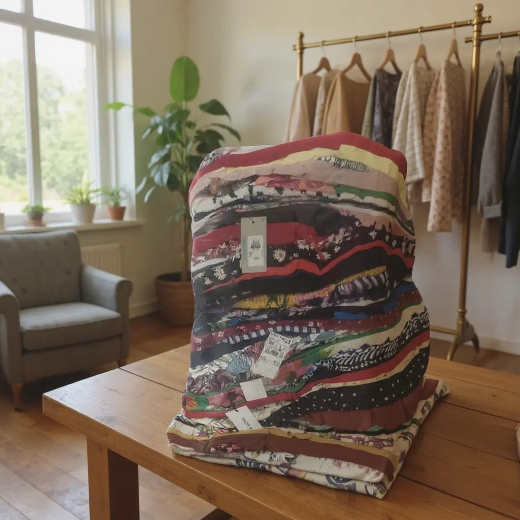 Pliage de vêtements multicolores empilés sur une table dans une boutique de friperie féminine, portant étiquette.