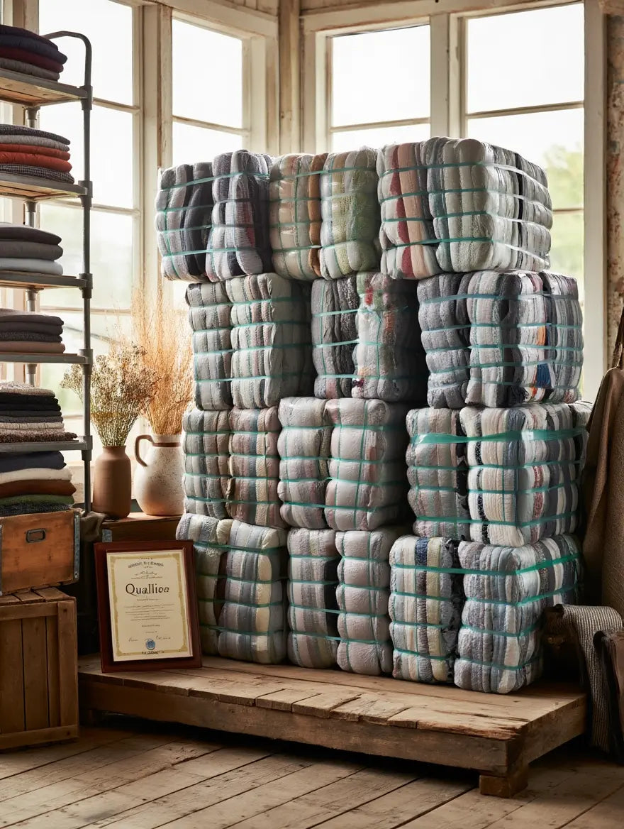 Pile de couvertures recyclées bien pliées et bandées, exposées dans une boutique, avec cadre "Qualllioe" et meubles en bois.