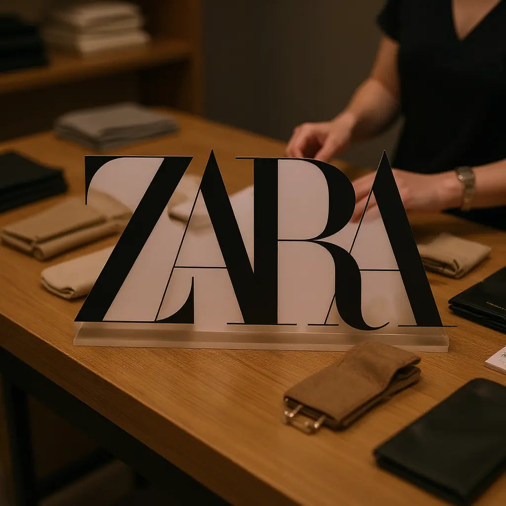 Signage ZARA sur table, avec vêtements et accessoires beige et noir en arrière-plan.