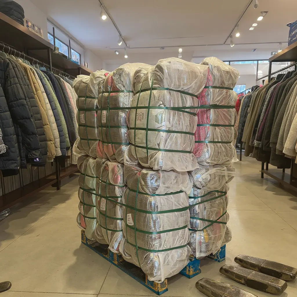 Gros tas de balles de 45 kg emballées dans des sacs plastiques transparents, empilées sur palette, dans un magasin de vêtements.
