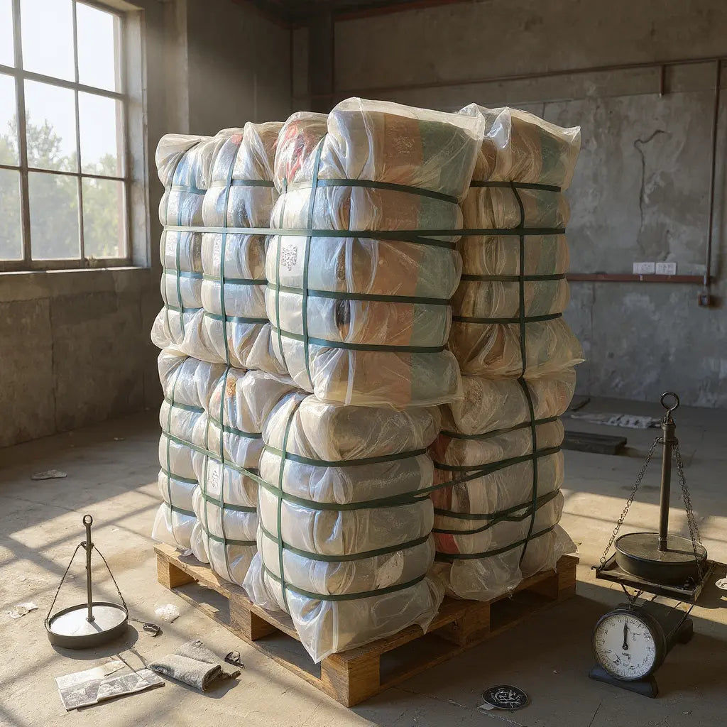 Piles de balles emballées plastique transparent et ceinturées, sur plateforme en bois dans un atelier, balance industrielle à côté.