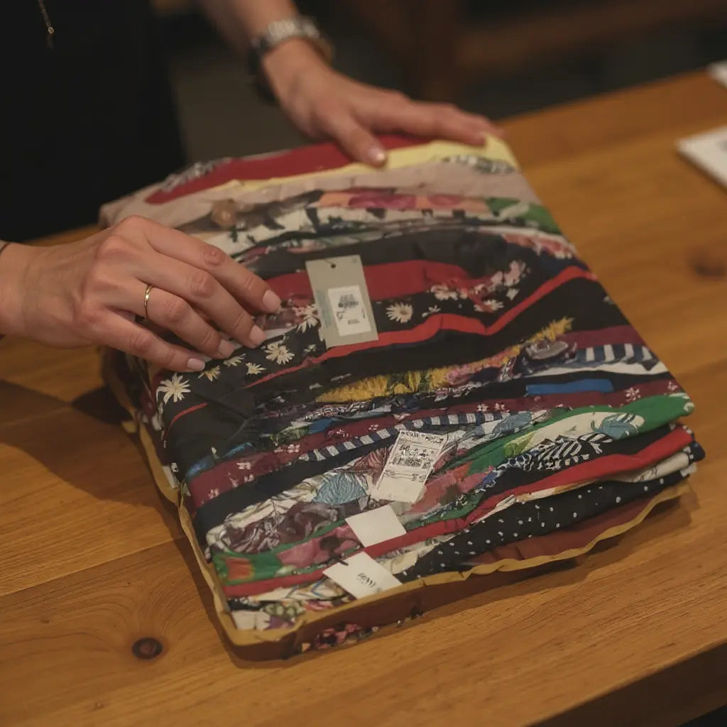 Femme pliant des vêtements colorés en pile sur une table en bois, avec étiquettes de prix visibles.