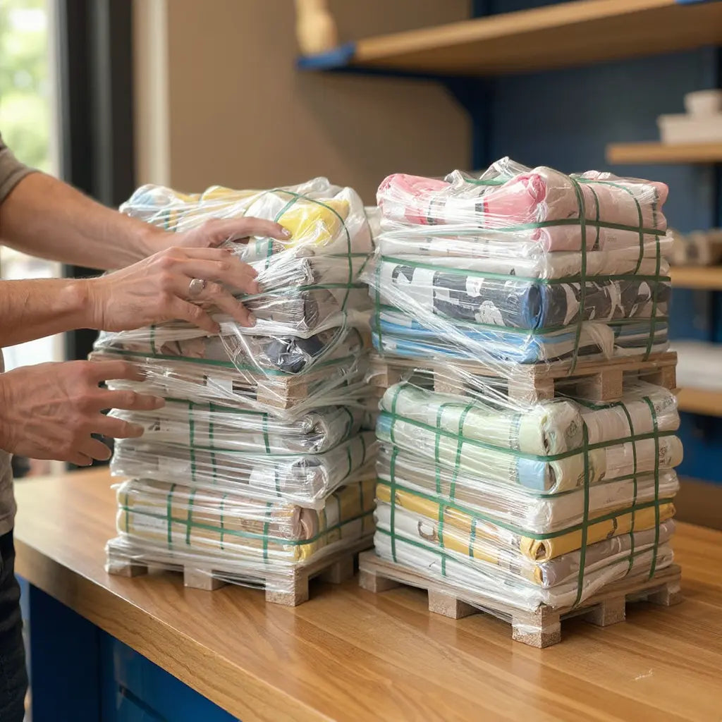 Gros plan de piles de vêtements emballés dans du plastique, rangés sur des mini-palettes, manuellement manipulés.