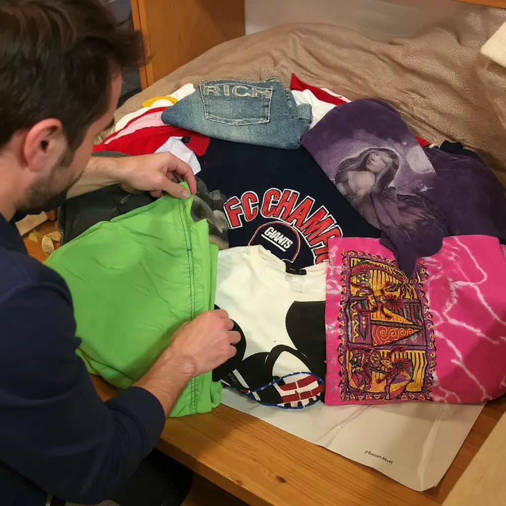 Homme dépliant des vêtements de friperie vintage colorés et imprimés, chemises et t-shirts superposés sur un lit, planche en bois à côté.