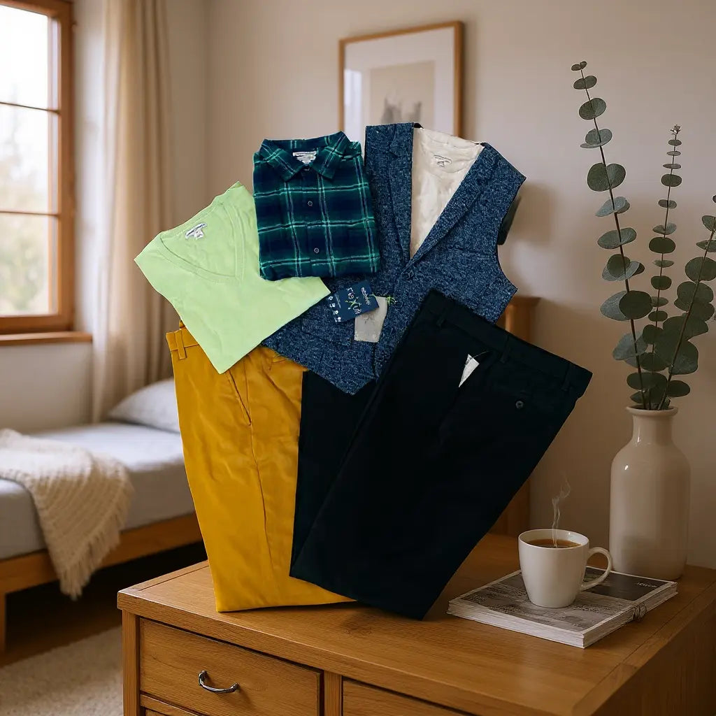 Vêtements déstockage homme et femme: chemises et pantalons colorés superposés sur une table bois près d'une plante.