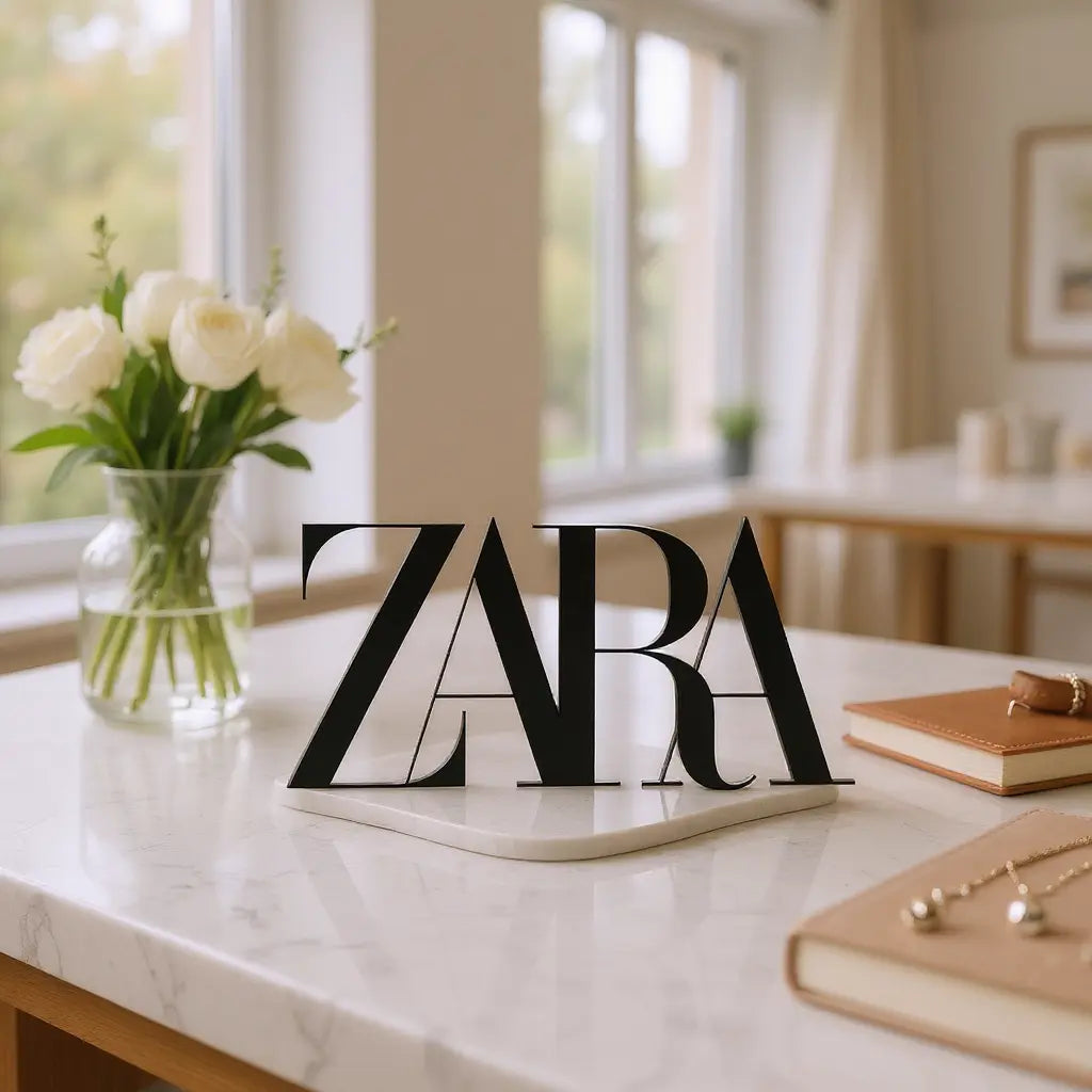 Lettrage ZARA en silhouette noire sur socle blanc, posé sur table en marbre avec vase de fleurs et carnet à côté.