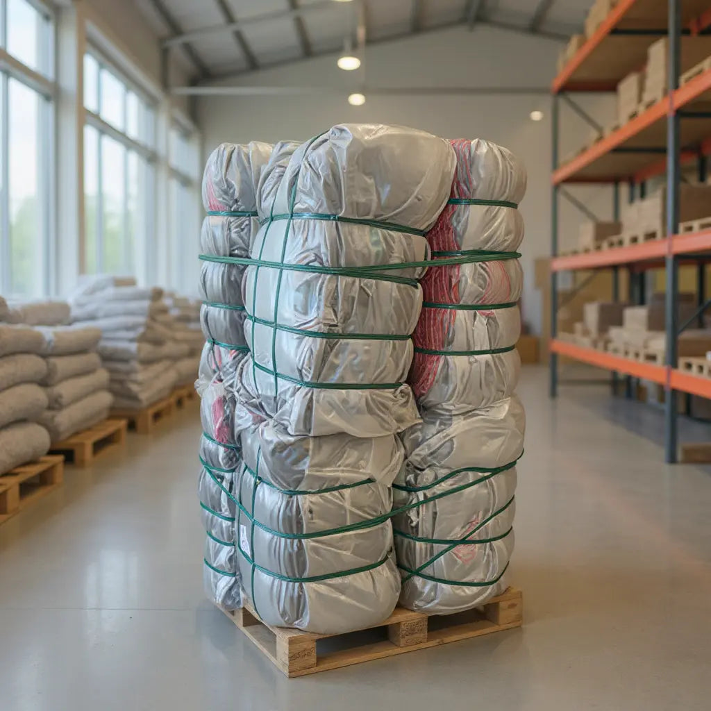 Balles emballées et palettées en entrepôt, prêt à être expédié, ambiance industrielle.