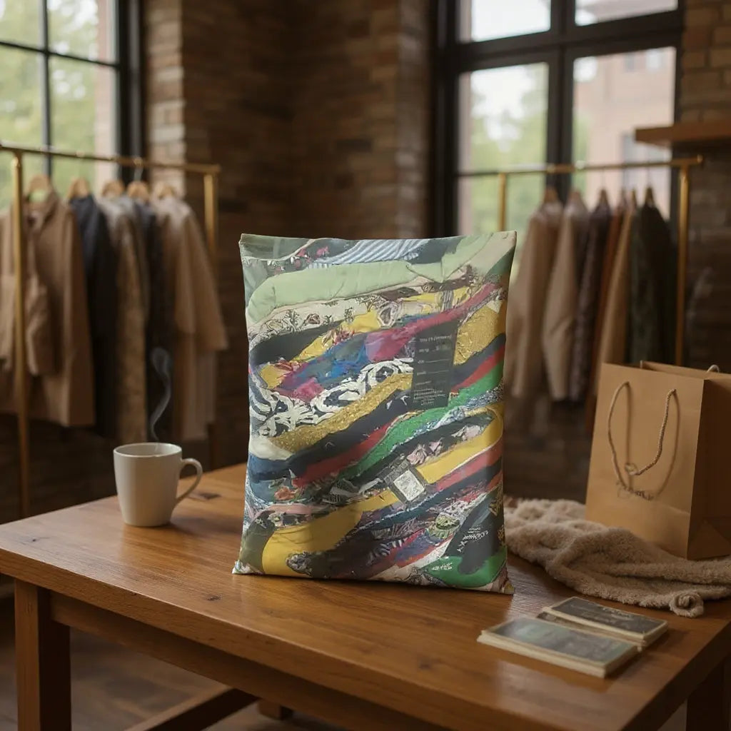 Coussin décoratif imprimé multicolore posé sur une table en bois dans une boutique, avec mug blanc, sac cadeau et vêtements en arrière-plan.