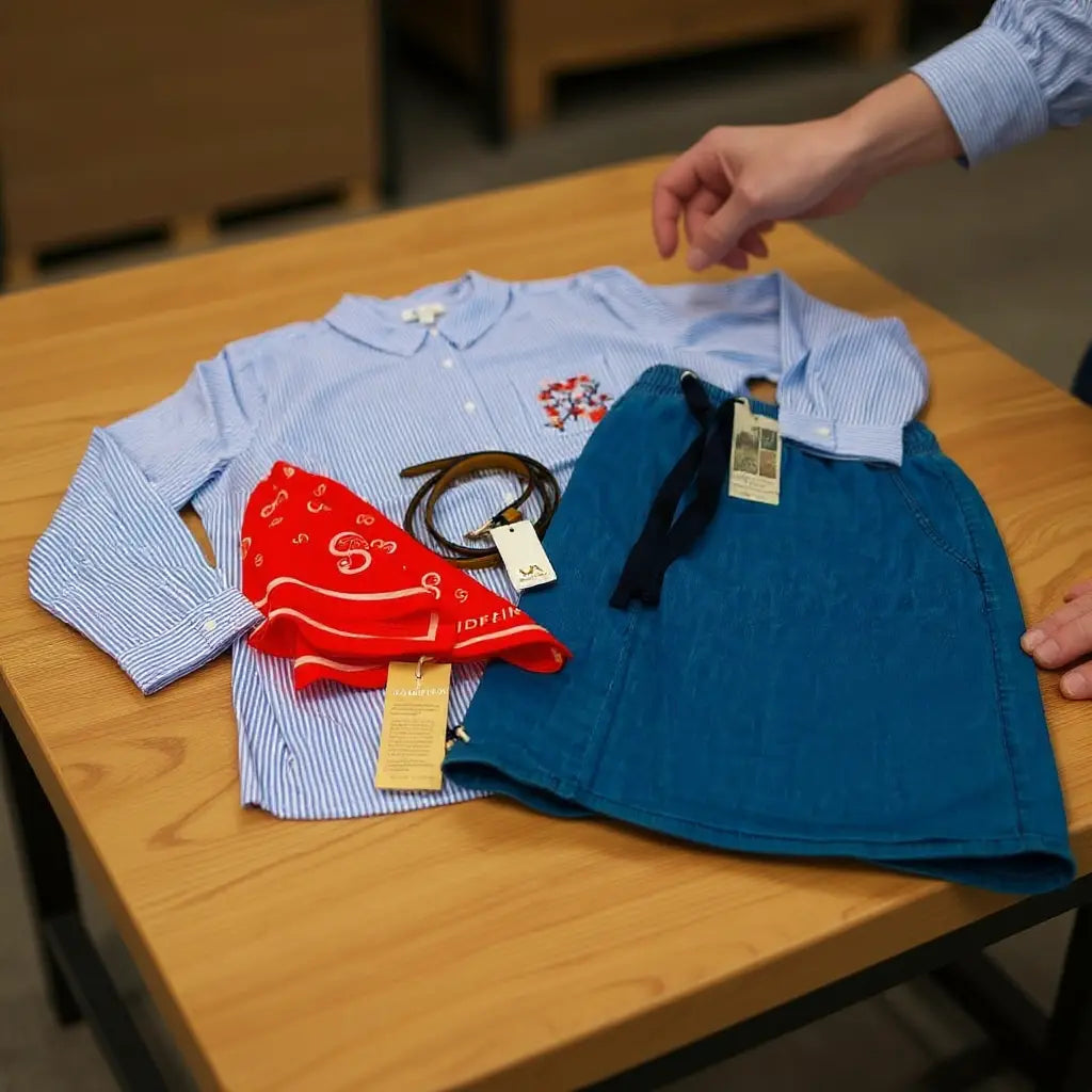 Ensemble vêtements hiver homme et femme: chemise bleue à rayures, jupe bleue, foulard rouge, ceintures et étiquettes sur une table.