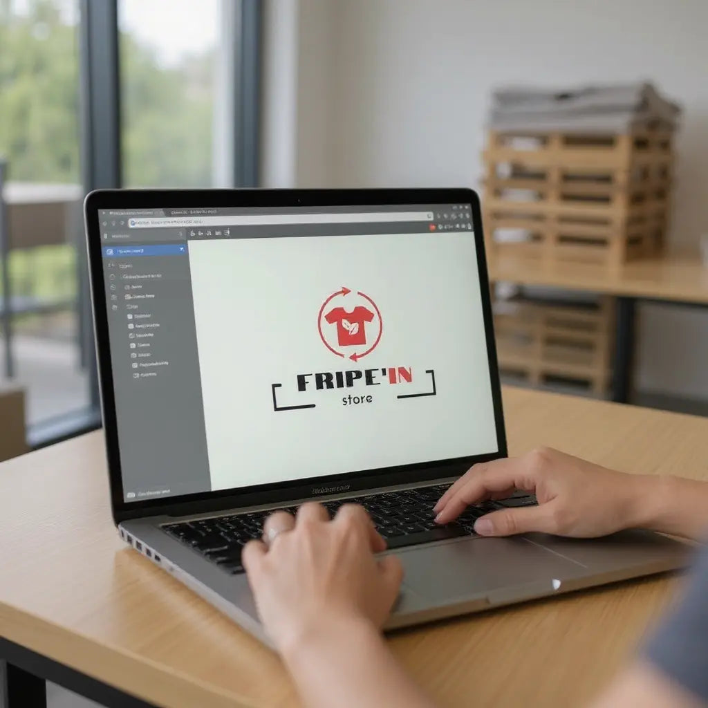 Utilisateur travaillant sur un laptop affichant le logo “FRIPE’IN store” sur l’écran, dans un espace bureau avec étagères en bois à l’arrière.
