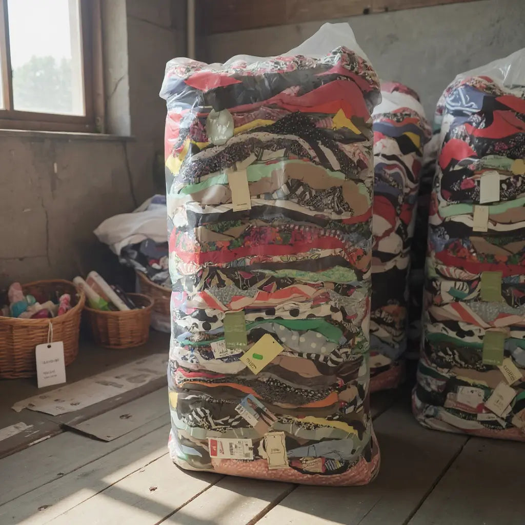 Sac plein de vêtements multicolores en vrac, capsules et étiquettes; pile de vêtements emballés dans du plastique dans une pièce lumineuse.