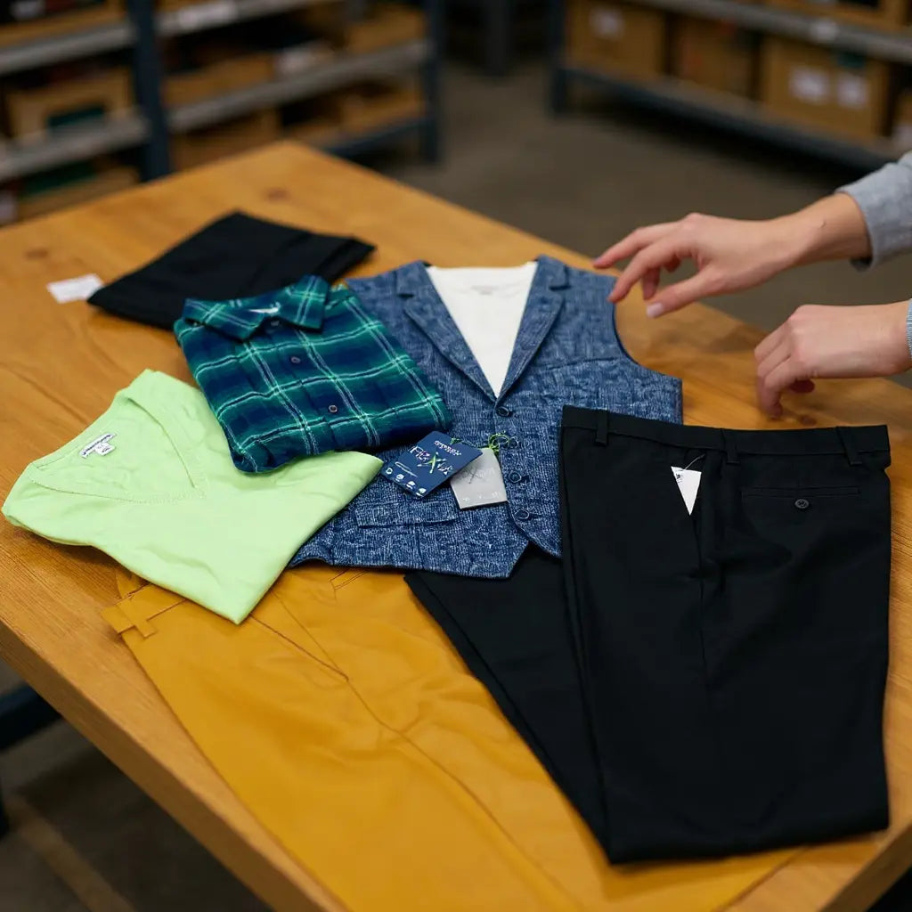 Vêtements d’hiver pour hommes et femmes déployés sur une table: chemises vives, veste sans manches bleue, polo vert clair, pantalon noir et pantalon kaki, dans une boutique.