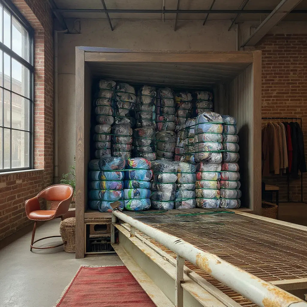 Grand conteneur ouvert rempli de sacs plastiques rangés, usine/atelier textile avec fauteuil et vêtements en arrière-plan.