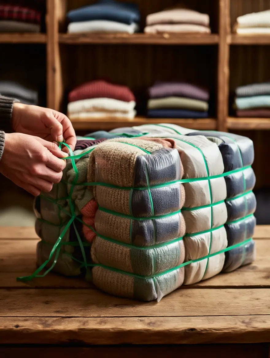 Gros paquet de couvertures ou vêtements pliés, noués avec des sangles vertes sur une table, fonds étagères de textiles.