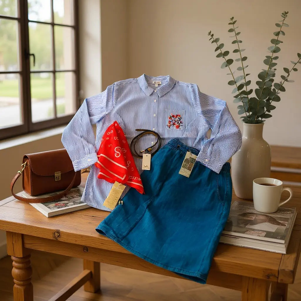 Vêtements et accessoires de déstockage: chemise bleu à rayures avec motif, jupe bleue, foulard rouge, ceinture et sac en cuir sur une table en bois, près d’une grande fenêtre.