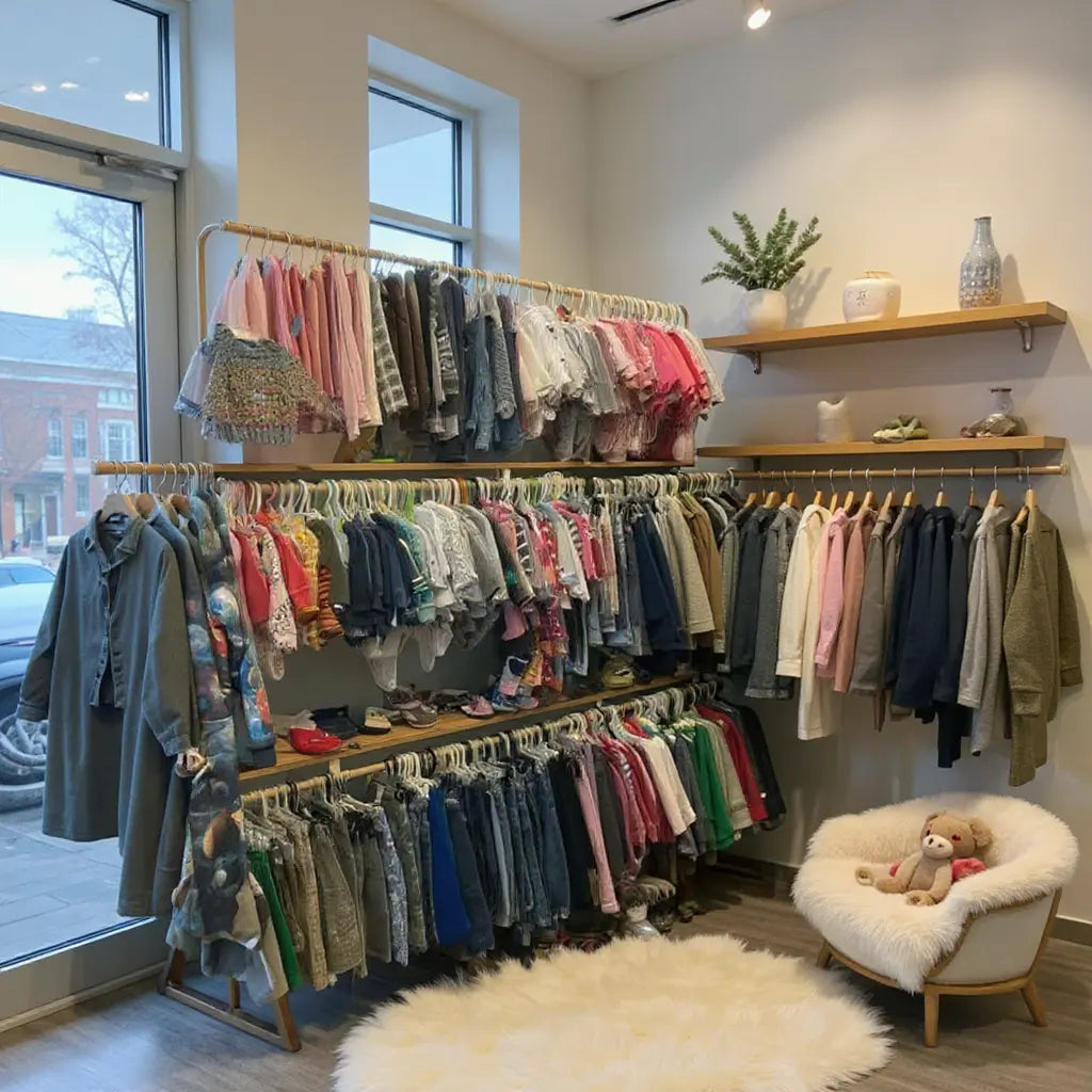 Vitrine/boutique de vêtements pour enfants hiver fripe: rangements avec racks de chemises et manteaux, peluches et peluche sur fauteuil, décor moderne, tapis blanc.