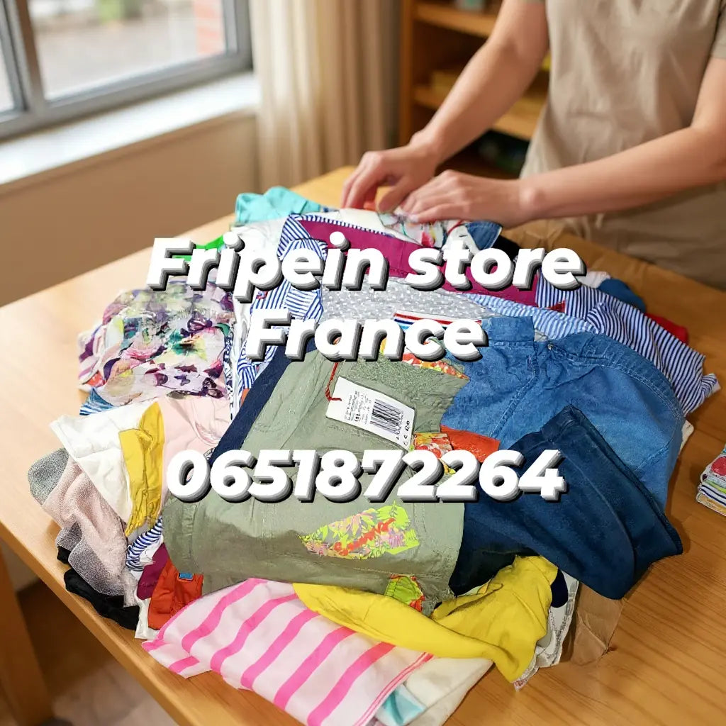 Pile de vêtements enfants variés prête pour envoi, avec texte "Frip in Store France" et numéro de téléphone affiché.