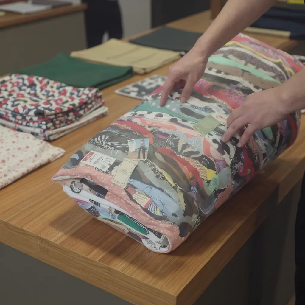 Gros plan d’un coussin ou édredon patchwork multicolore posé sur une table en bois, mains ajustant les bords.