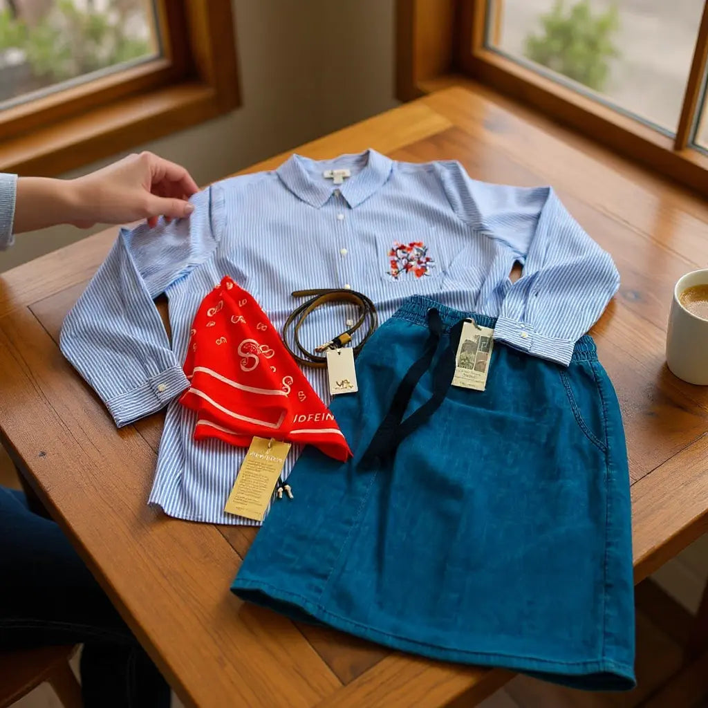 Ensemble femme: chemise à rayures bleues, jupe bleu pétrole avec ceinture, foulard rouge et accessoires sur table en bois près d’une fenêtre.