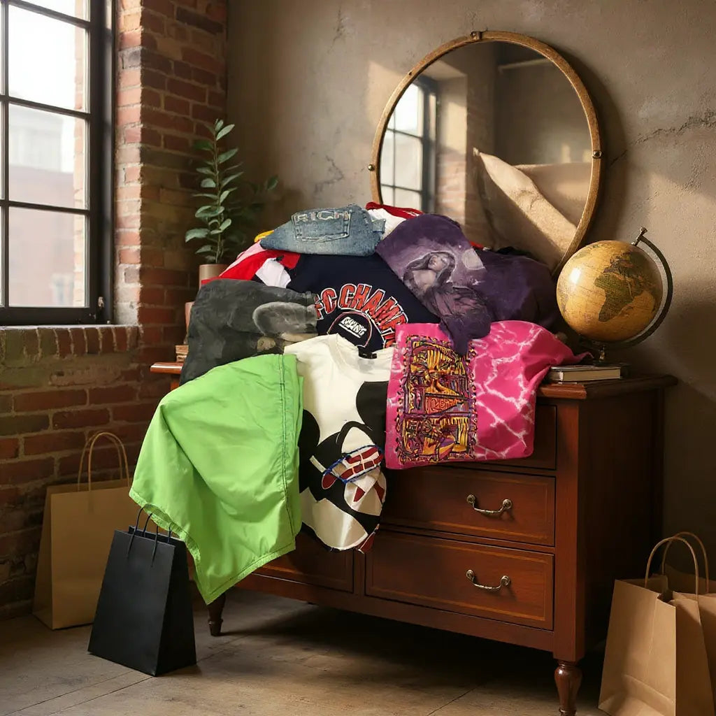 Ensemble vintage mixte homme/femme de friperie: vêtements colorés empilés sur une commode, globe et miroir rond, ambiance loft.