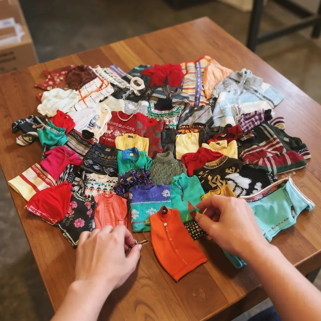 Ensemble de petites tenues et accessoires de poupée multicolores disposés sur une table, avec deux mains manipulant des vêtements miniatures.