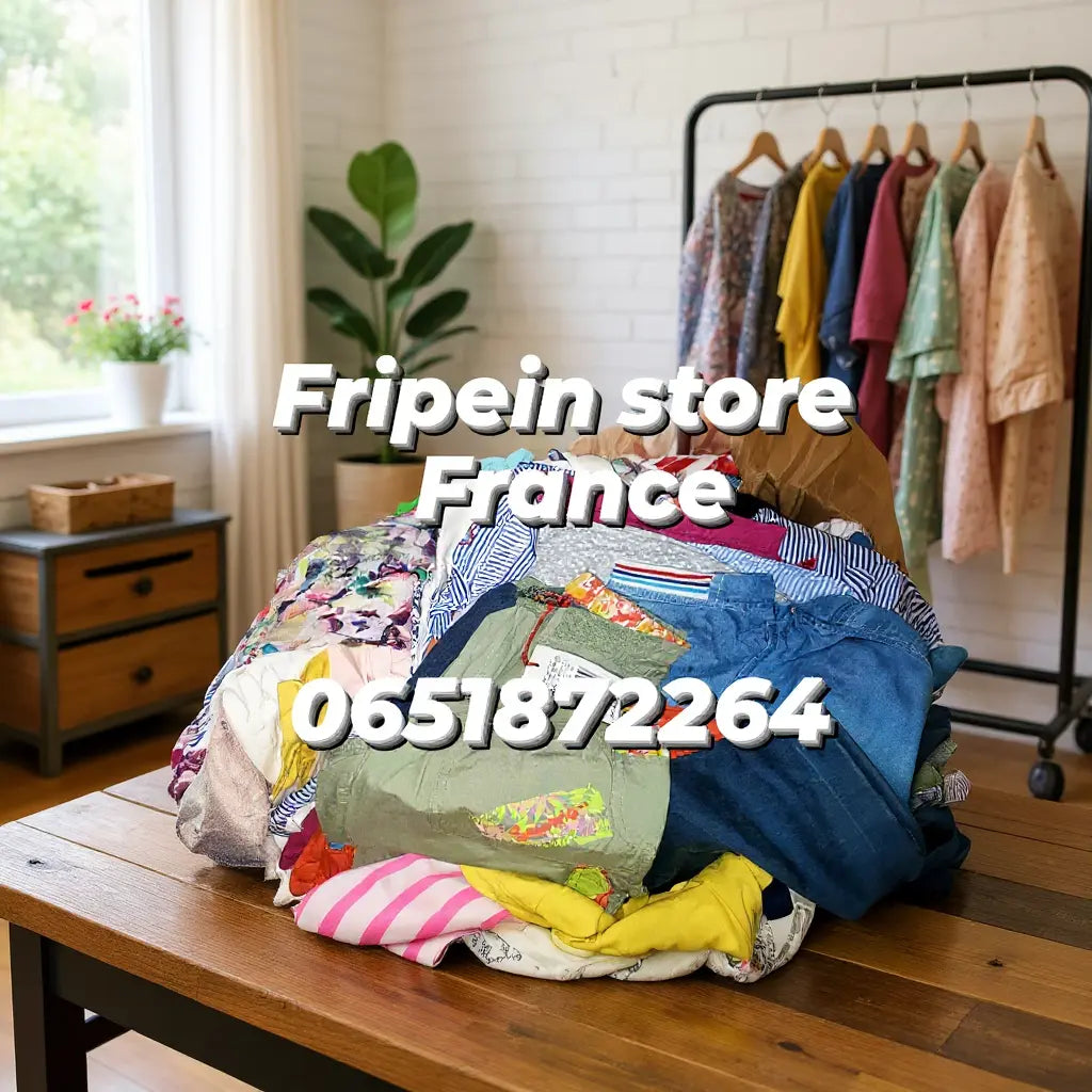 Carton de piles de vêtements pour enfants de qualité, sur une table, prêt à être trié, boutique “Fripein store France” avec téléphone.