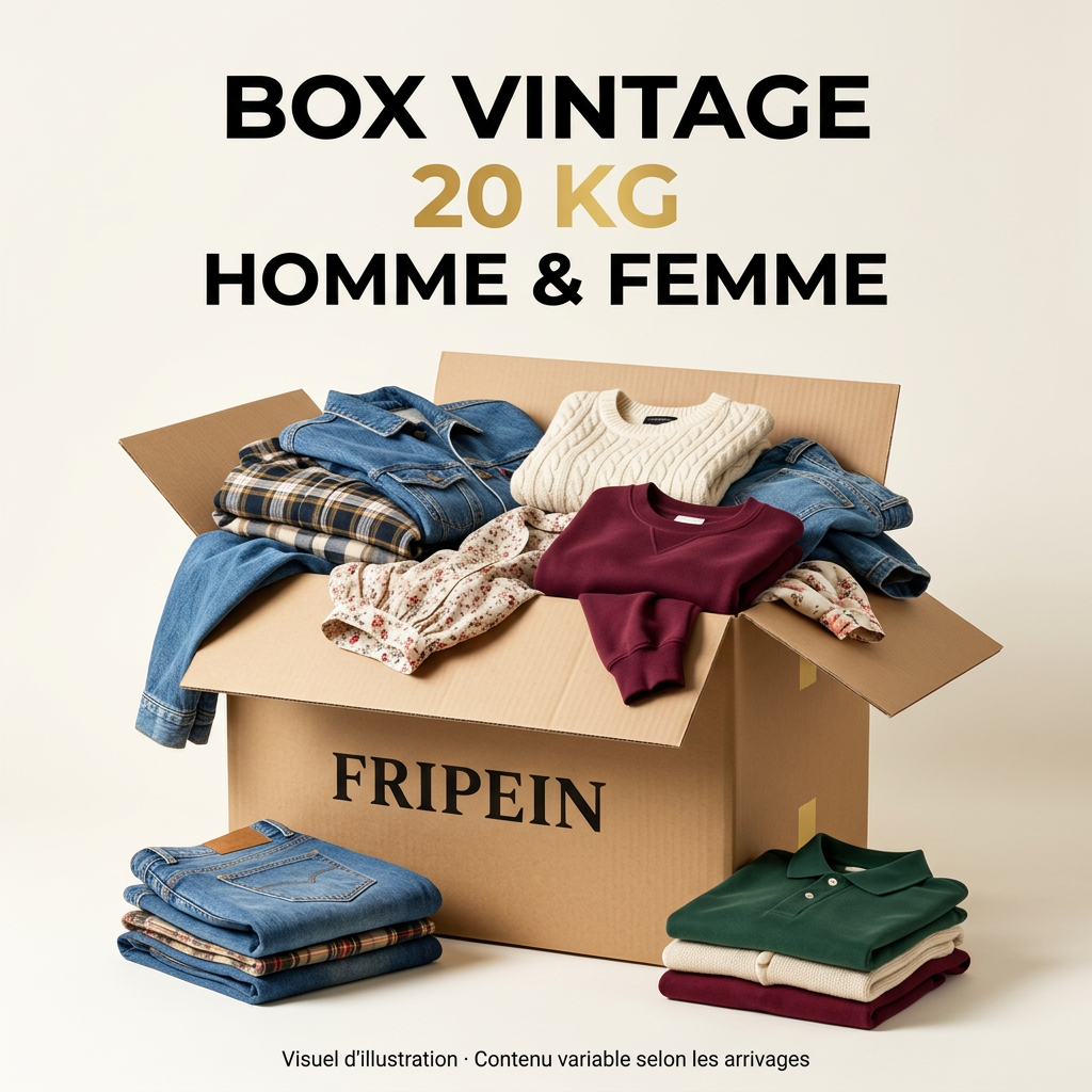 Box de 20 kg de vêtements vintage mixtes homme et femme FRIPEIN, visuel d’illustration.