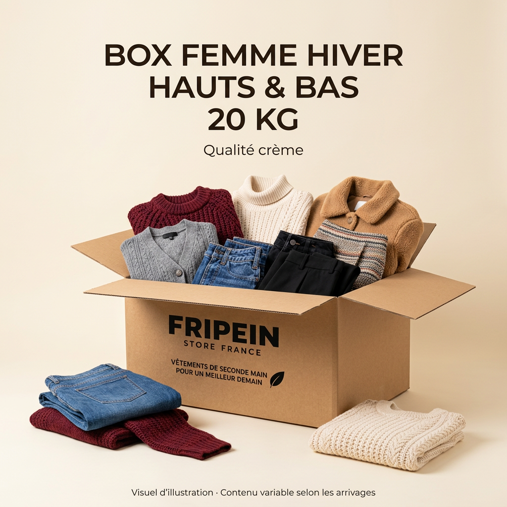 Box FRIPEIN Femme Hiver 20 kg, hauts et bas de qualité crème, visuel d’illustration.