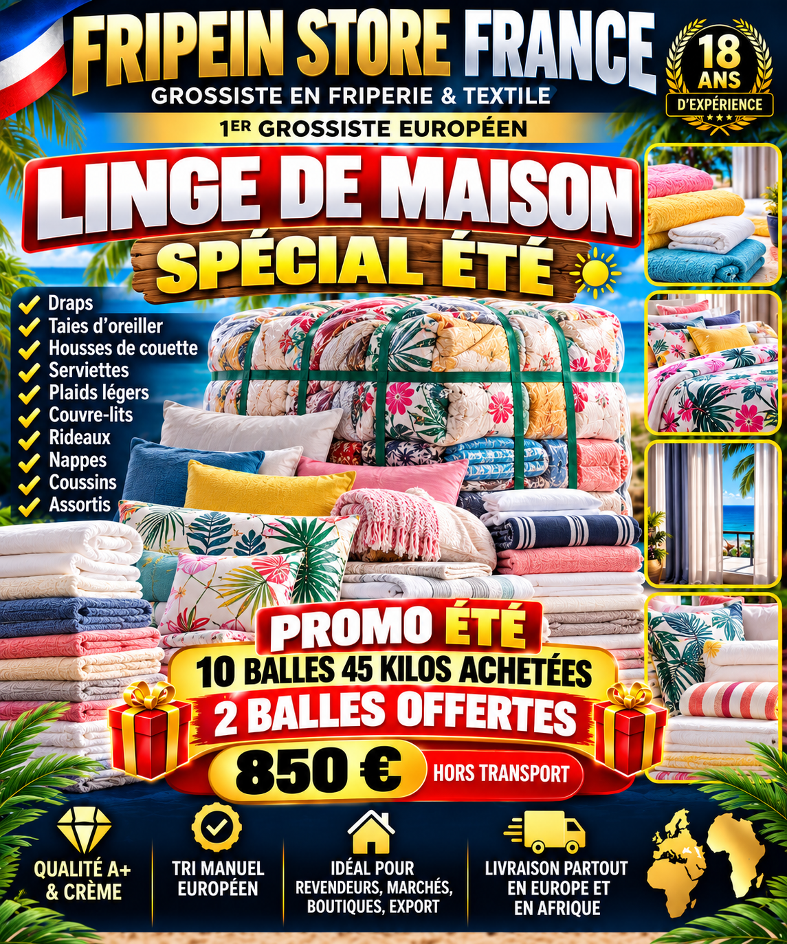 Lot de linge de maison 540 kg – 10 balles + 2 offertes
