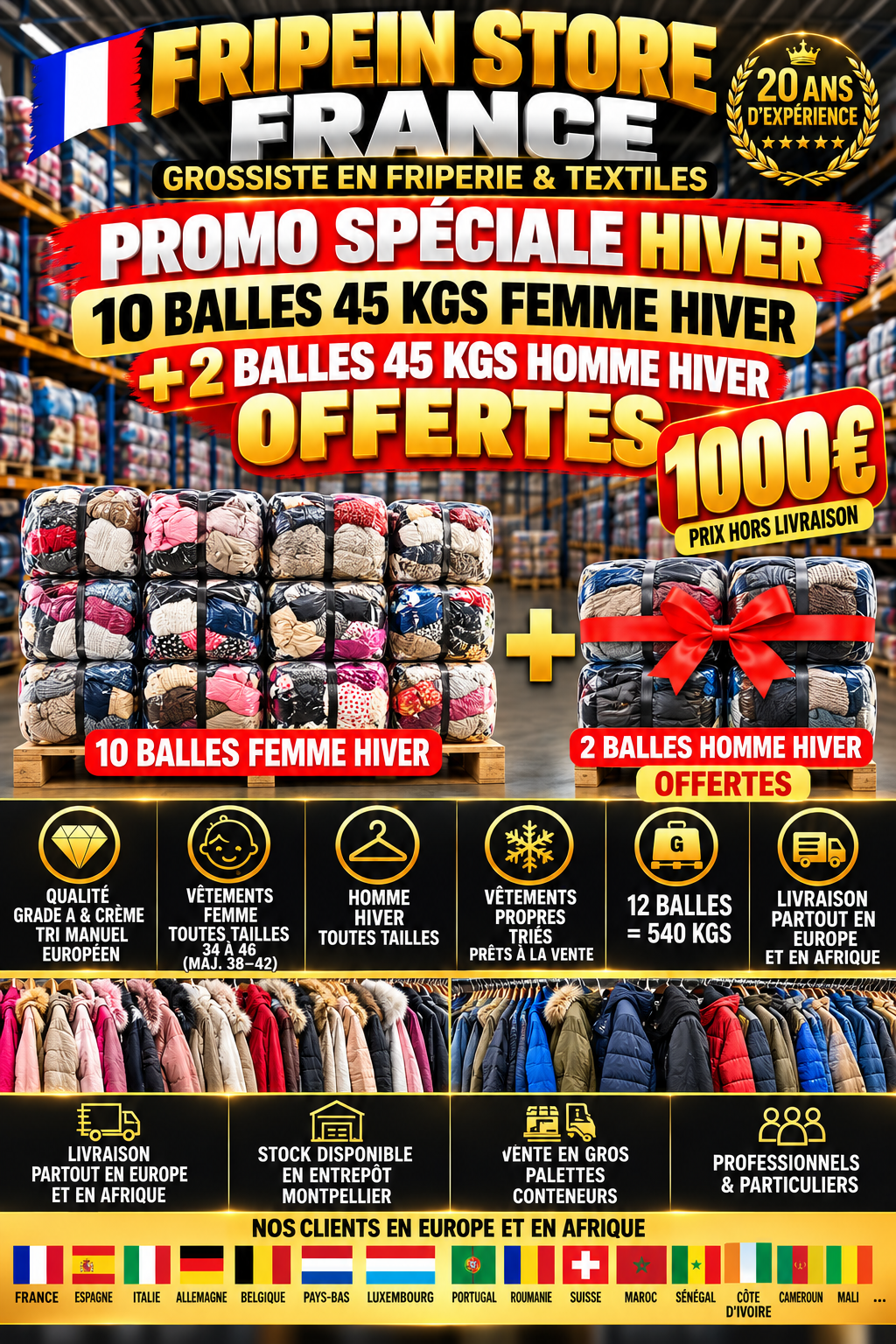 Lot de 10 balles femme de 45 kg + 2 balles homme hiver offertes